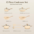 Kitchen Academy Induction Pots and Pans Set Non Stick - 12 Pieces Nonstick Kitchen Cookware Set, Granite Cooking Set Pots and Pans, Beige