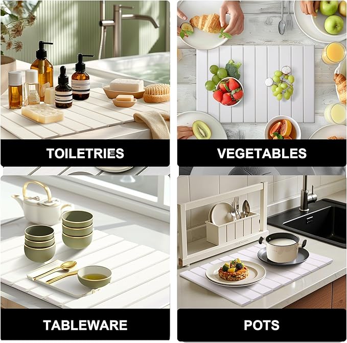 Stone Drying Mat for Kitchen Counter, Diatomaceous Earth Mats, Dish Drying Mat 24"×16", Foldable Water Absorbing Stone Dish Mat for Utensils, Pots and Bottles