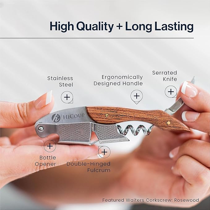 Hicoup Wine Opener - Professional Corkscrews for Wine Bottles w/Foil Cutter and Cap Remover - Manual Wine Key for Servers, Waiters, Bartenders and Home Use - Wood, Bai Ying