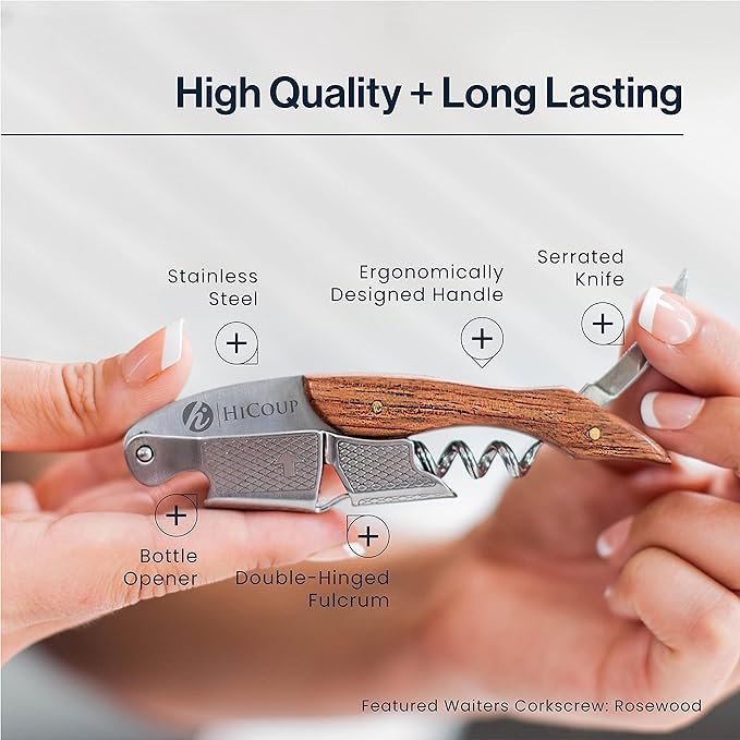Hicoup Wine Opener - Professional Corkscrews for Wine Bottles w/Foil Cutter and Cap Remover - Manual Wine Key for Servers, Waiters, Bartenders and Home Use - Red Pear Wood