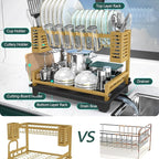 B-Land Dish Drying Rack, 2 Tier Dish Racks for Kitchen Counter, Large Dish Drying Rack with Drainboard & Utensil Holders, Rust-Proof Dish Drainers,Kitchen Organization Gold