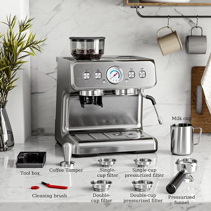 Kismile Espresso Coffee Machine with Grinder, 20 Bar Automatic Espresso Machine with Milk Frother Steam Wand, Removable Water Tank for Latte & Cappuccino(Silver)