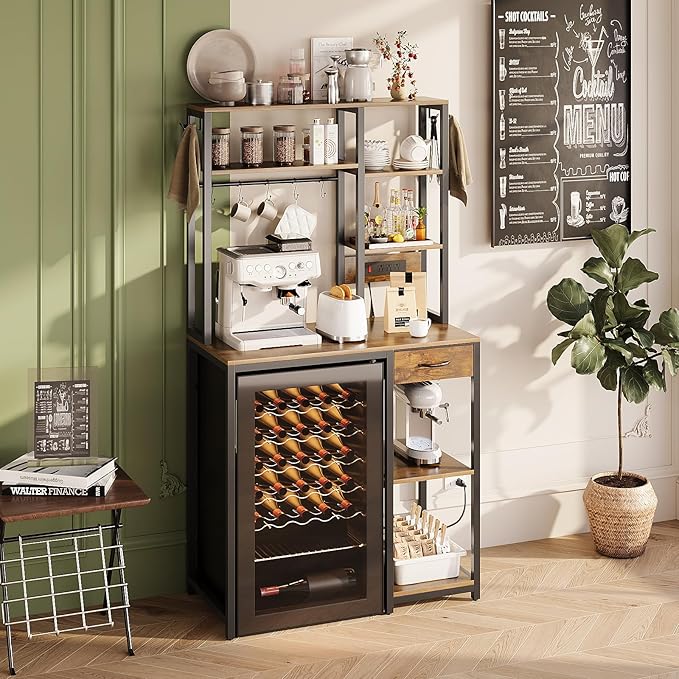 6-Tier Mini Fridge Stand with Power Outlet and Drawer, Freestanding Bakers Rack with Storage, Microwave Storage Shelf for Kitchen, Coffee Bar Organizer with Hooks (Rustic Brown)