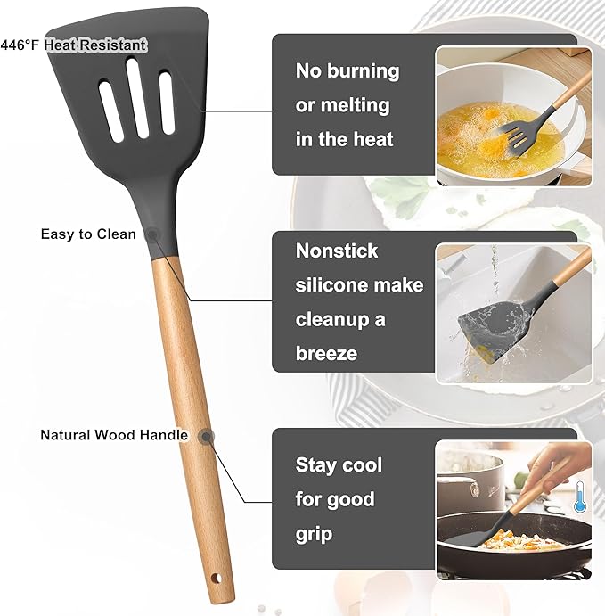 E-far Silicone Cooking Utensils Set, 5-Piece Kitchen Utensils Set with Wooden Handle for Cooking, Silicone Kitchen Nonstick Tools Spatula Turner Slotted Spoons, Nontoxic & Heat Resistant-Gray
