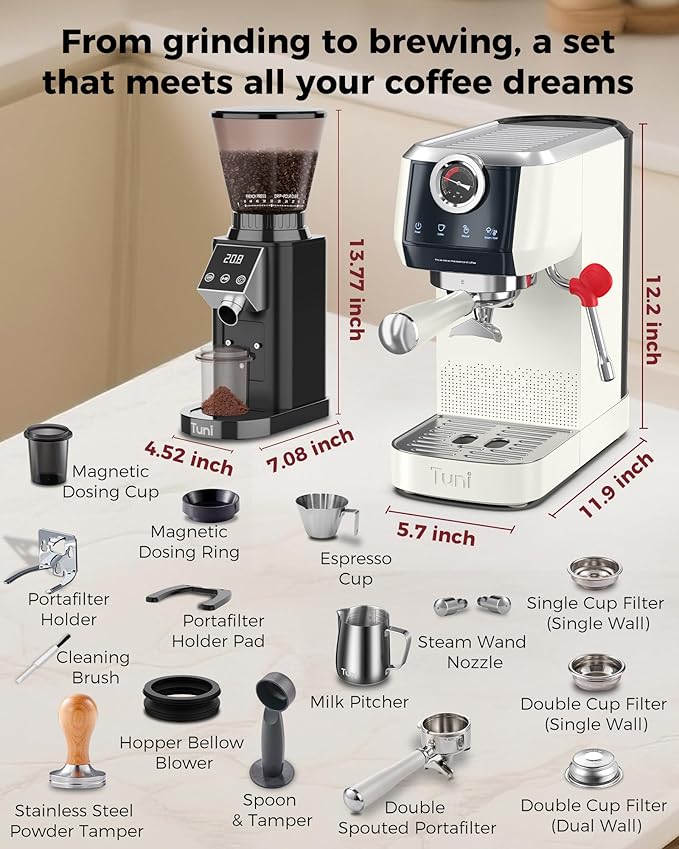 Tuni E2 𝑬𝒔𝒑𝒓𝒆𝒔𝒔𝒐 𝑴𝒂𝒄𝒉𝒊𝒏𝒆 with G1 Noir 𝑪𝒐𝒏𝒊𝒄𝒂𝒍 𝑪𝒐𝒇𝒇𝒆𝒆 𝑮𝒓𝒊𝒏𝒅𝒆𝒓 Combo Set, 20Bar 58mm Dual Boiler Coffee Maker, 48 Grinding Settings Burr Mill