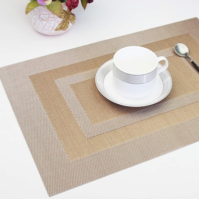 PIGCHCY Placemats,Heat Resistant Non Slip Durable Plastic Place Mats,Washable Easy to Clean Woven Vinyl Kitchen Placemats for Dining Table Set of 4 (Champagne)