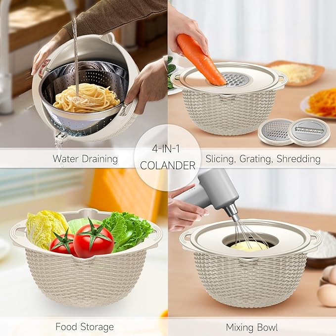 4-1 Colander with Bowl Set - Rotatable Colander Bowl with Measuring Spoons - Fruit Strainer Bowl, Food Strainers and Colanders Funny Presents for Women, Aesthetic Kitchen Gadget Essentials - Beige