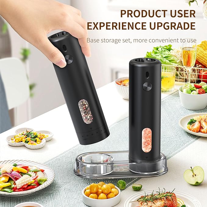Electric Salt and Pepper Grinder Set Automatic Pepper Mill Shakers Adjustable Coarseness Easy Filling Upgraded USB Rechargeable Electric Spice Mill Set with Led (2 Pack Black/Black）