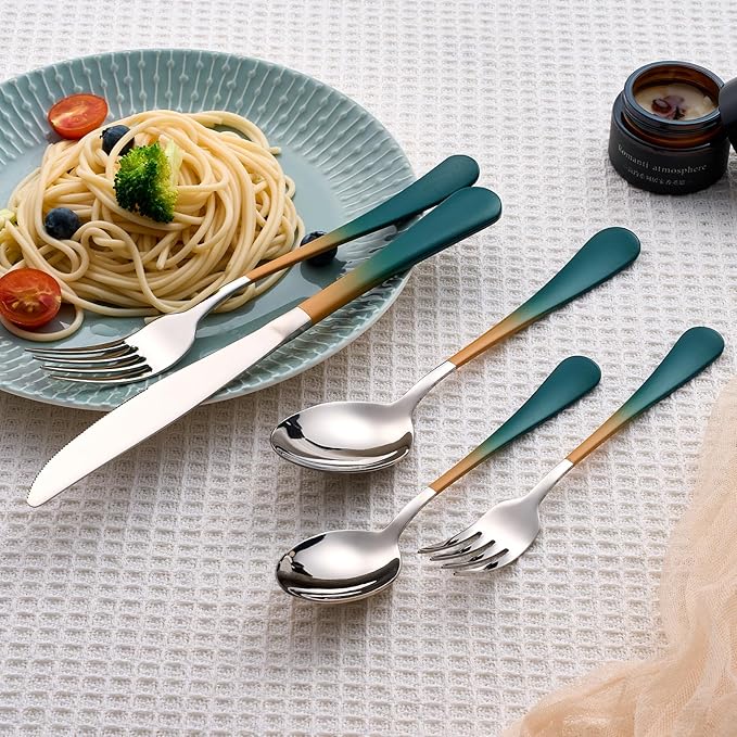 20 Piece Green and Orange 18/0 Flatware Utensil Set for 4, Include Dinner Knife,Dinner Forks,Dinner Spoons,Salad Forks,Teaspoons,Silverware Set for 4, Dishwasher Safe