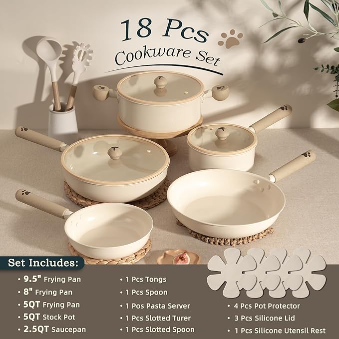 Astercook 18 Pcs Pots and Pans Set Non Stick Dog Paw Series Ceramic Induction Kitchen Cookware Sets Healthy Kitchen Cooking Set with Frying Pans Set NON TOXIC（PFAS PTFE PFOA PFOS Free）