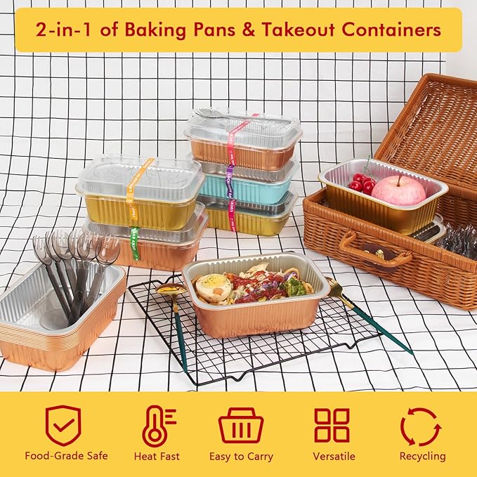 LNYZQUS 7” x 5” Small Aluminum Pans with Lids 25 Pack, 30oz Heavy Duty Foil Baking Tins Large To Go Containers,Individual Leftover Containers Baked Food Holders Boxes for Oven Grill-Champagne