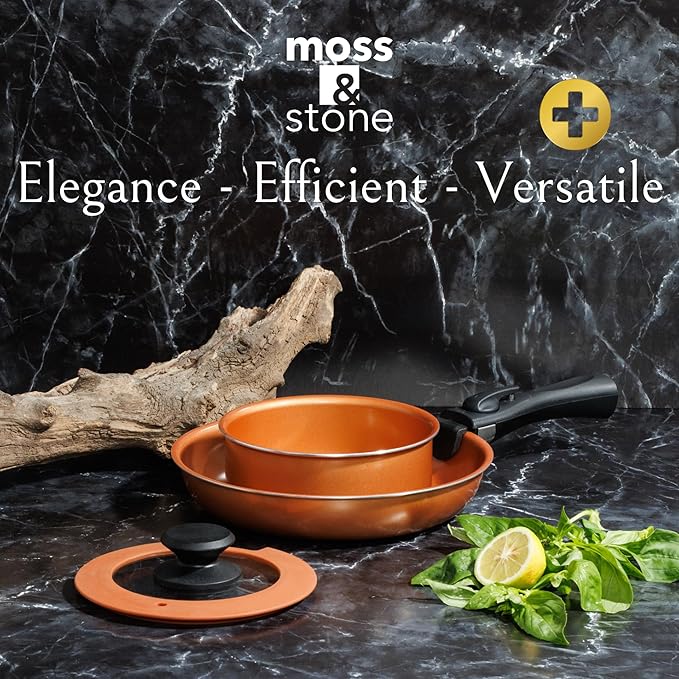 Moss & Stone Copper Pots And Pans Set Nonstick, Removable Handle Cookware, Stackable Pots And Pans Set, Dishwasher safe, Induction Pots And Pans, Camping Cookware Set, Aluminum (7 Pcs)