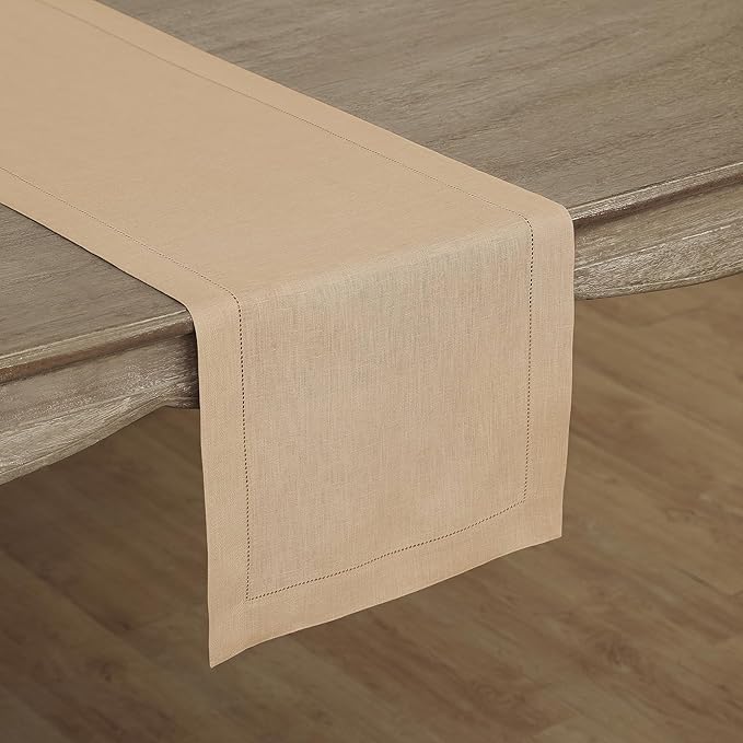 Solino Home Linen Beige Table Runner 120 Inches Long - 100% Pure Linen 14 x 120 Inch Table Runner for Summer, Fall, Autumn - Classic Hemstitch