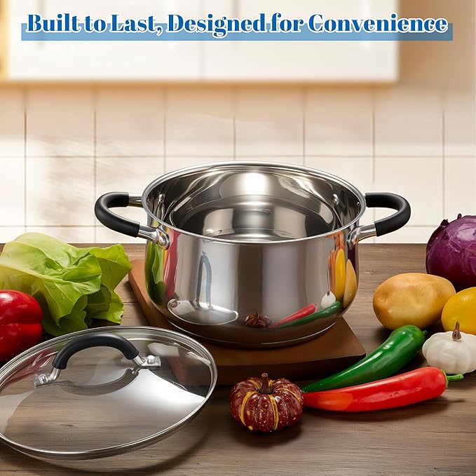 E-far Stainless Steel Stock Pot, 8 Quart Large Cooking Pot with Glass Lid for Boiling Pasta Soup Sauce, Tri-Ply Induction Thick Base for All Stoves, Cool-Touch Handles & Dishwasher Safe