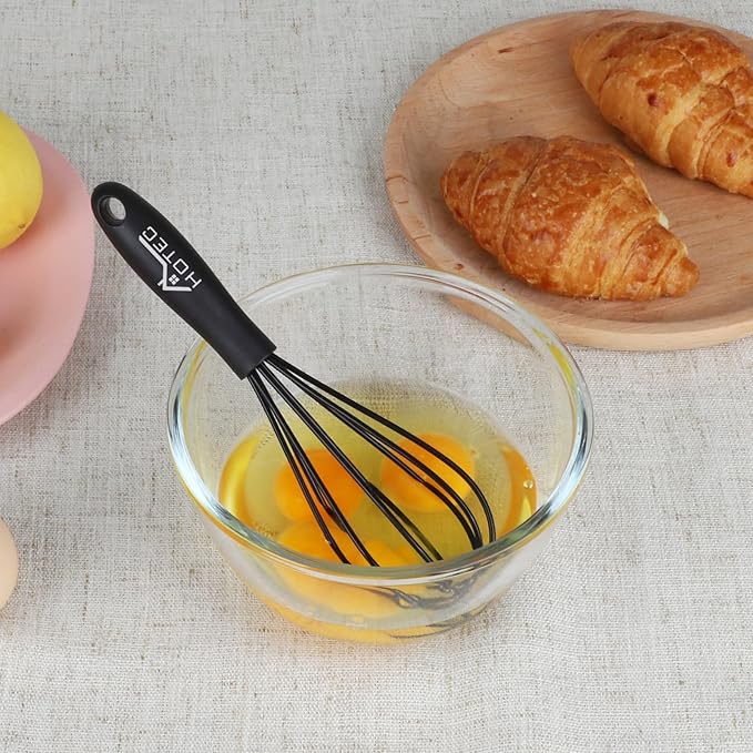 HOTEC 4 Pieces Silicone Whisks Set, Wire Balloon Whisks Egg Beater, Non-slip Handle Whisk for Non-stick Cookware Perfect for Cooking, Stirring, Beating and Blending (Black)