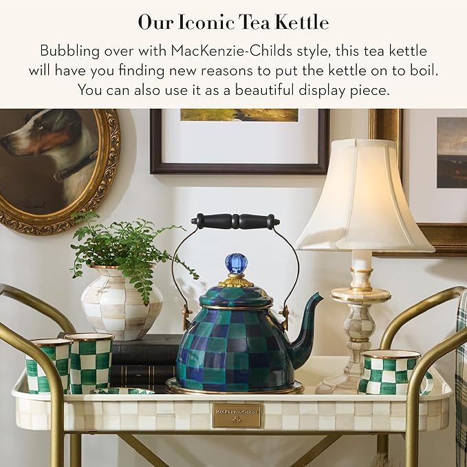 MACKENZIE-CHILDS Enamel Tea Kettle, Cute Tea Kettle for Stovetop, 2 Quarts, Dark Green-and-Blue Juniper Check