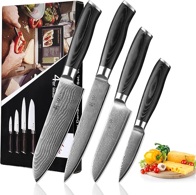 Wakoli MIK Damascus 4-Piece Knife Set – Japanese Style Kitchen Knives | Genuine Damascus Steel Blades with VG10 Core | Ergonomic Micarta Handles | Professional Chef Knife Set in Gift Box