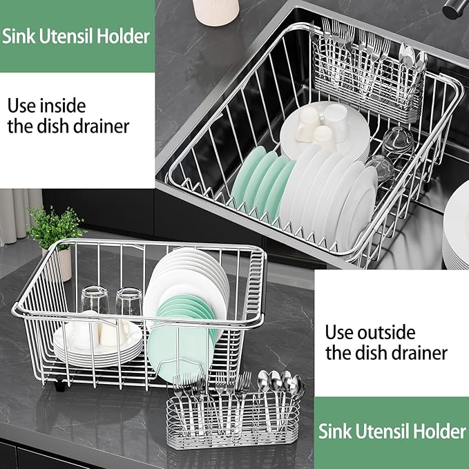 304 Stainless Steel Utensil Holder, Silverware Drying Rack with Hooks for Dish Drainer, Knife and Fork Drainer Basket with 3 Divided Compartments, Kitchen Drainage Basket Accessories, Rust Proof