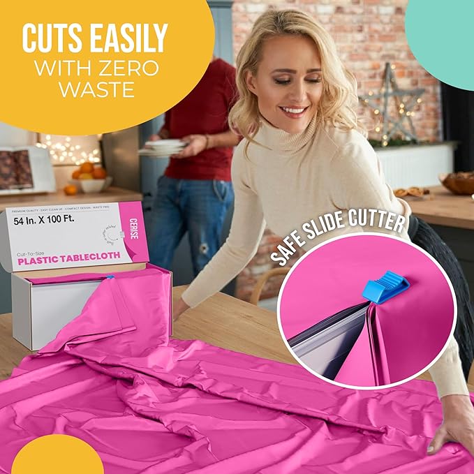 Exquisite Party Solids 54 Inch X 100 Feet Cerise Plastic Table Cover Roll in A Cut - to - Size Box with Convenient Slide Cutter. Cuts Up to 12 Rectangle 8 Feet Plastic Disposable Tablecloths