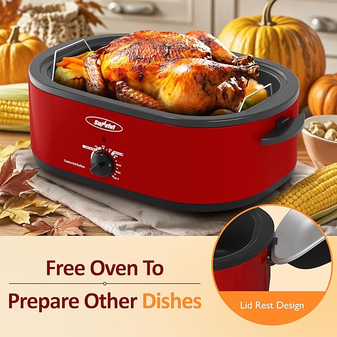 Sunvivi 20-Quart Roaster Oven with Self-Basting Lid, Electric Turkey Roaster Oven with Removable Pan and Rack, Stainless Steel, Red