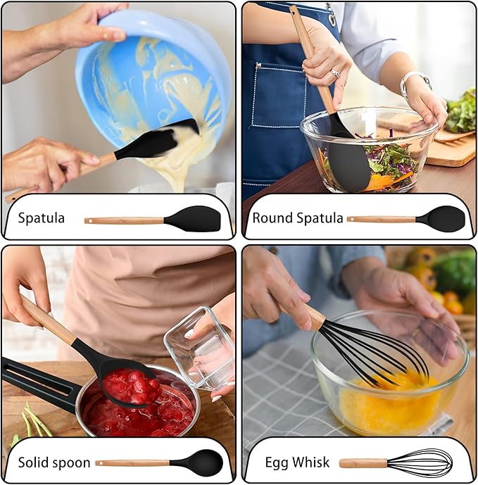 P&P CHEF Silicone Cooking Utensils Set, 8-Piece Kitchen Cooking Utensil with Wooden Handle, Silicone Spatula for Nonstick Cookware, Heat-proof & Easy Clean, Black