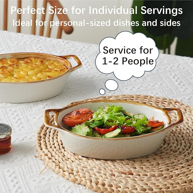Au Gratin Baking Dish, Ceramic Oval Baking Dishes with Handles, 20 oz Small Casserole Dishes for Oven, 6x8 Individual Baking Dishes for Oven, Single Serving Dishes for 1-2 People, Set of 4, Brown Rim