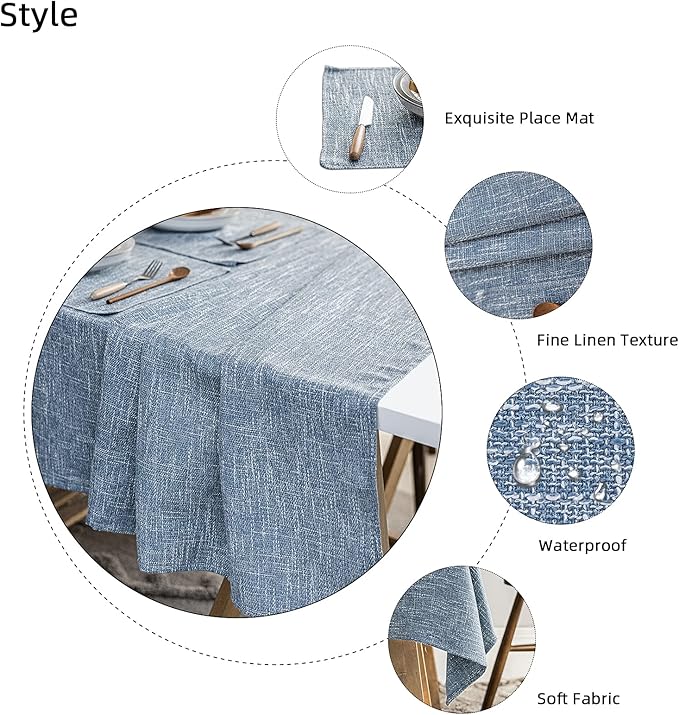 Waterproof Cotton Linen Tablecloths Round Dining Table Cloth, Wipe Clean Indoor & Outdoor Table Cover for Buffet Party and Banquets, Wrinkle Resistant（54" Diameter） Dirty Blue