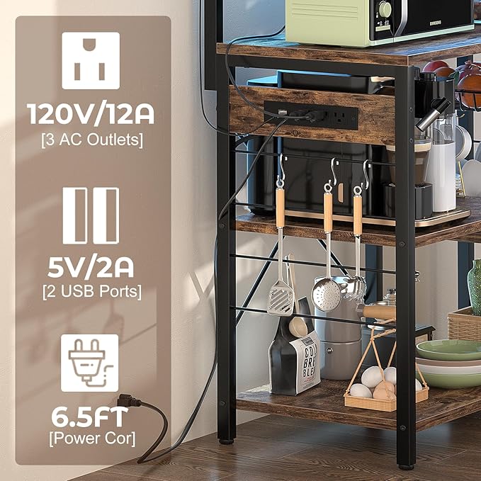 Aheaplus Bakers Rack with Power Outlet and LED Light Strings, Microwave Oven Stand Kitchen Storage Shelf with Wire Basket, Coffee Bar Station Island Table with 10 Hooks for Spices, Pots, Rustic Brown
