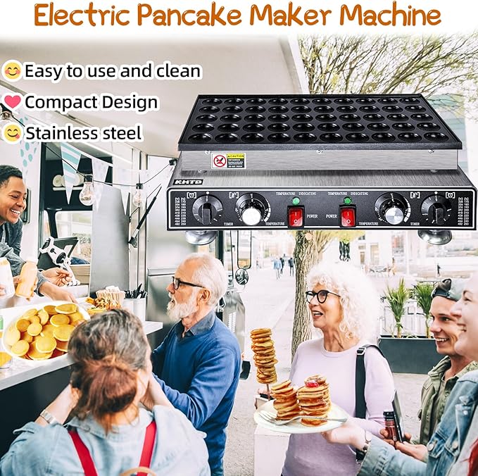 Mini Pancake Maker Machine, 50PCS Electric Nonstick Dutch Pancake Maker 110V 1600W, Commercial Muffin Maker with 2 Thermostats & 2 Timers Separate Control for Home Restaurant (12"D×21"W×7"H)