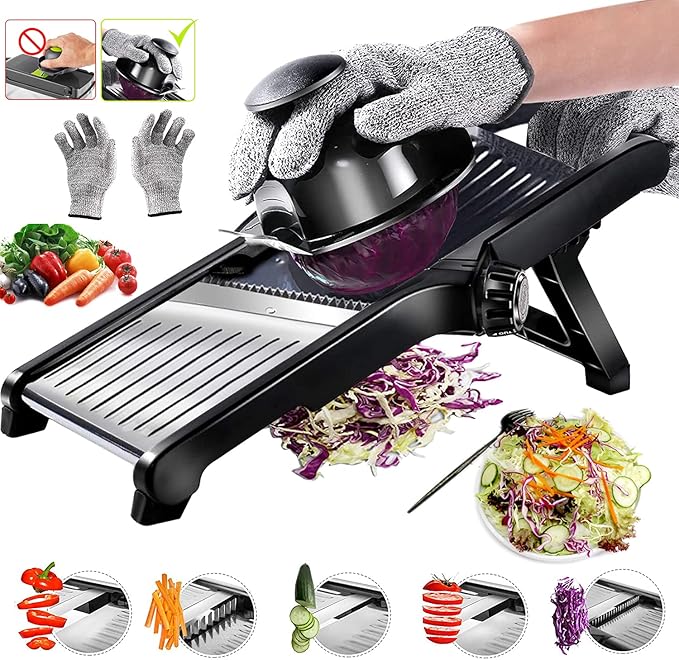 Adjustable Mandoline Slicer Mandoline Slicer for Kitchen with Cut-Resistant Gloves,Potato Slicer, Vegetable Slicer, Mandoline French Fry Cutter Stainless Steel Vegetable Chopper