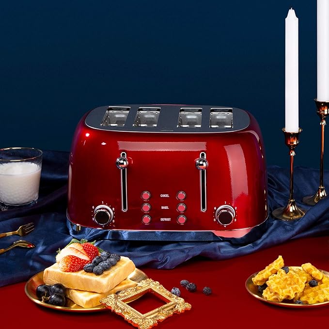 Roter Mond 4 Slice Toaster Retro Stainless Steel with Bagel Defrost Cancel Function, 6 Browning Settings, Extre Wide Slot and Removable Crumb Tray, Red, ST033