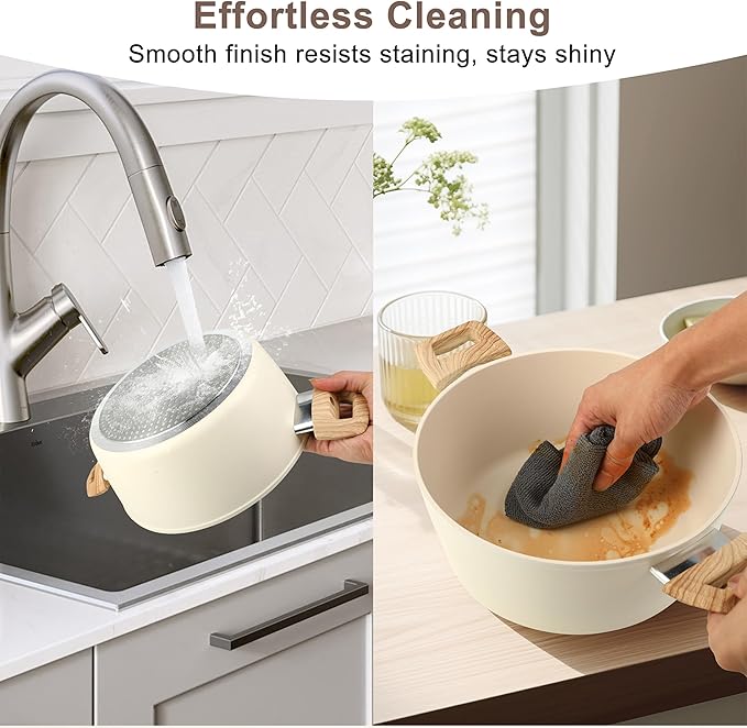 11Pcs Nonstick Cookware Set, Aluminum Nonstick Pots and Pans with Lids & Wooden Handles, Silicone Spoons & Spatulas, Non-toxic Healthy Kitchen Cooking Sets, PFAS & PFOA Free