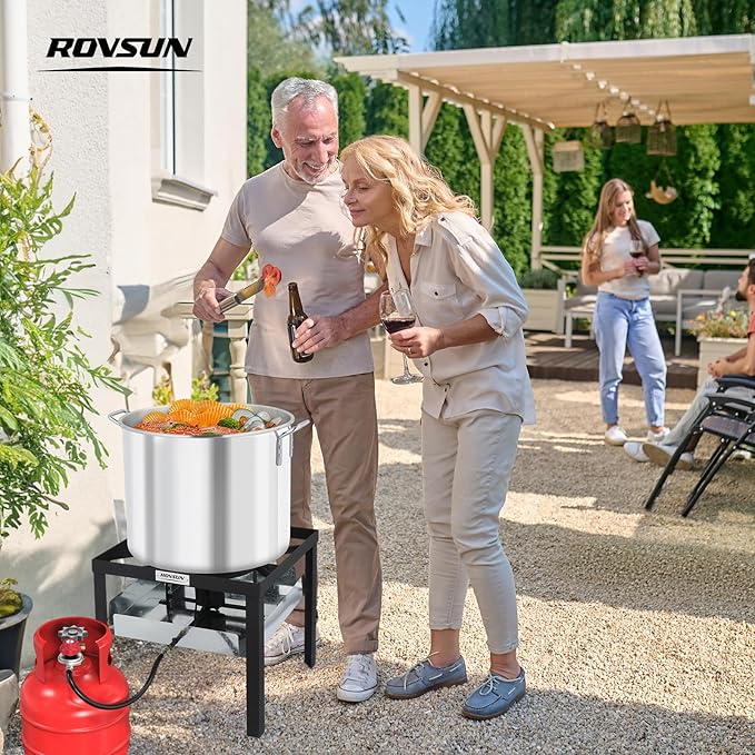 ROVSUN 80QT Turkey Fryer with Aluminum Boiler Steamer Basket & 150,000BTU Propane Burner, Outdoor Gas Deep Fryer & Seafood Crawfish Boil Pot Set with High Pressure Propane Regulator and Hose