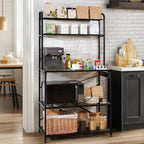 Bakers Rack for Kitchen, 33-inch Wide Coffee Bar Station with Power Outlet, 5 Tier Microwave Stand Storage Shelf with S-Shaped Hooks, Metal Frame with Coloured Glass Tabletop