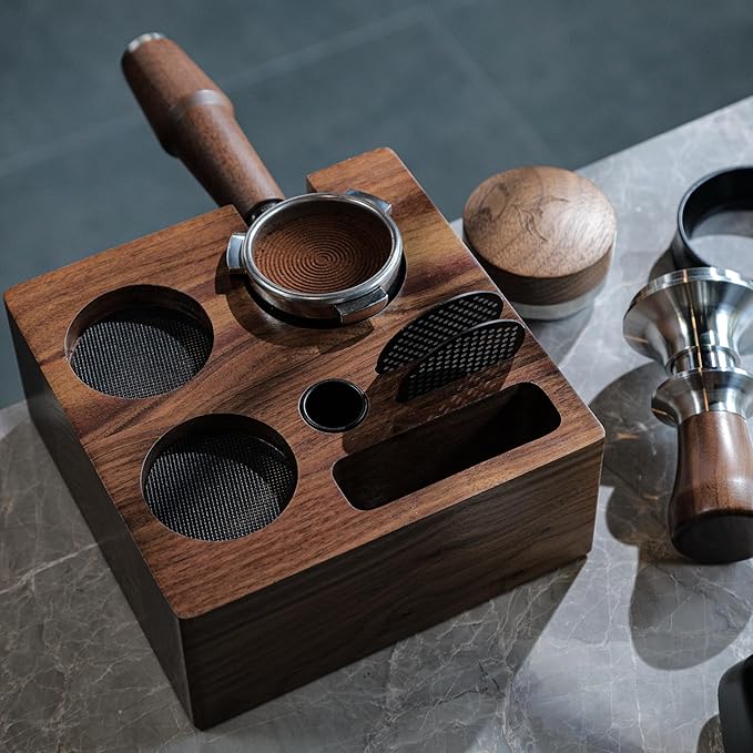 58mm Rocket Accessories Kit – E61 Bottomless Portafilter, Espresso Tamper, Distributor, Tamping Station, Puck Screen & Funnel Premium Walnut Espresso Tools Barista Kit