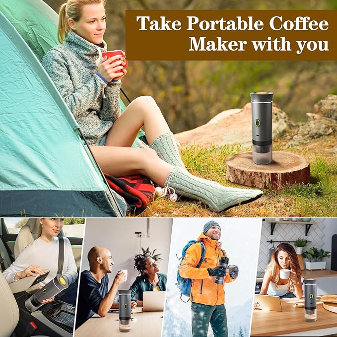 3-in-1 Portable Espresso Maker, Travel Coffee Maker, Self-Heating Car Coffee Maker with USB-C, Small Espresso Machine with Ground Coffee & Capsules (NS＆DG) for RV, Hiking, Office (grey)