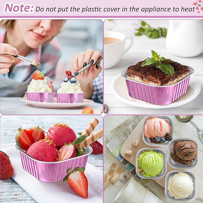 Aoriher 150 Pieces 10 oz Mini Cake Pans with Lids Aluminum Foil Baking Cups Square Disposable 4" x 4" Large Cupcake Cups Baking Tins for Kitchen Brownie Pudding Desserts Holders(Rose Red)