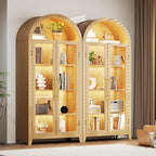 Arch Storage Cabinet with Tempered Glass Door, 71” Arched Display Floor Cabinet, 5 Tier Farmhouse Buffet with Storage for Dining Room, Living Room, Home Office or Kitchen(Oak)