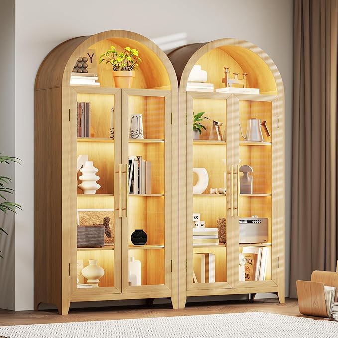 Arch Storage Cabinet with Tempered Glass Door, 71” Arched Display Floor Cabinet, 5 Tier Farmhouse Buffet with Storage for Dining Room, Living Room, Home Office or Kitchen(Oak)