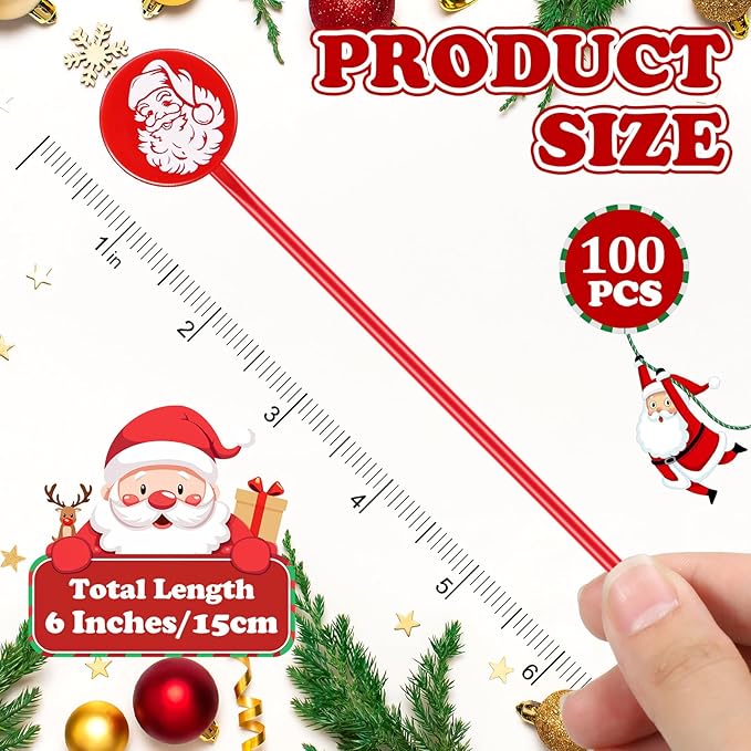 Chengu 100 Pcs Christmas Drink Stirrers Xmas Stir Sticks Bulk Holiday Coffee Stirrers Plastic Swizzle Stick Hot Cocoa Bar Supplies Chocolate Decoration Reusable Cocktail Mixer(Santa Claus)