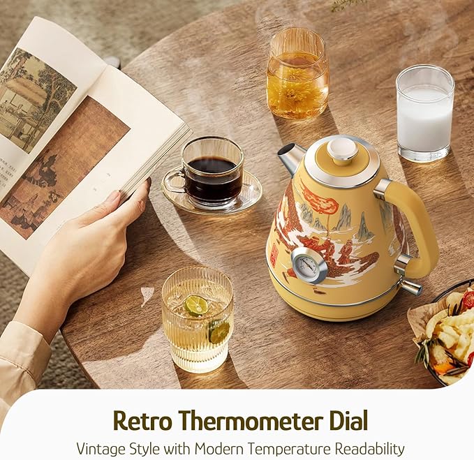 Hazel Quinn Retro Electric Kettle - 1.7 Liters / 57.5 Ounces Tea Kettle with Thermometer, All Stainless Steel, 1200 Watts Fast Boiling, BPA-free, Cordless, Automatic Shut Off - Dragon Dance