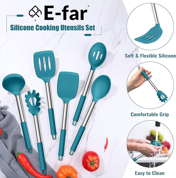 E-far 14 Pieces Silicone Cooking Utensils Set, Kitchen Utensils Set with Holder, Spatula, Ladle, Spoon, Tong, Slotted Turner for Nonstick Cookware, 446°F Heat Resistant & Stainless Steel Handle, Blue