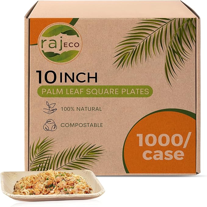 Raj Palm Leaf Plates Bulk [50-Pack] 10" Square Plates (20 CASES - 1000 PACK) like Bamboo plates Disposable, Strong, Decorative Compostable Tableware for weddings, Lunch, Dinner, Birthday etc