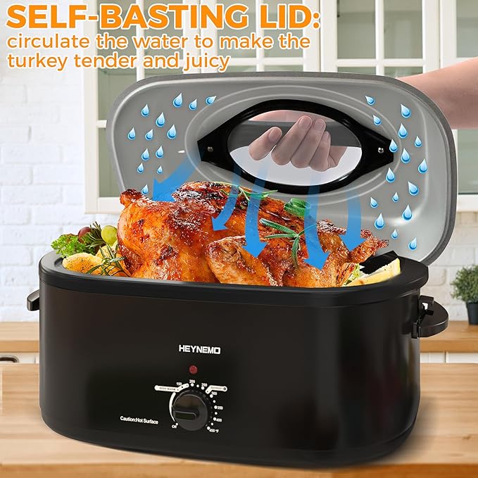 Roaster Oven 28 Quart, Electric Roaster Pan with Visible & Self-Basting Lid, Large Stainless Steel Electric Turkey Roaster Oven Defrost Warm Function, Removable Pan Rack, Fits Turkeys Up to 30LB Black