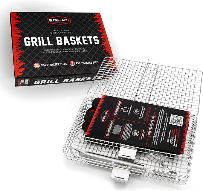 BLAZIN' GRILL Baskets for Outdoor Grill | 2 Grilling Baskets with Detachable Handle | Grill Baskets for Outdoor Grill with BBQ Gloves | Barbecue Grill Set for Vegetables, Seafood & Meat | Fish Grill Basket