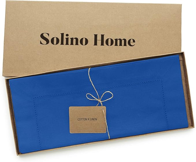Solino Home Blue Hemstitch Table Runner 36 Inches - Cotton Linen Small Table Runner 14 x 36 Inch Ideal for Dresser and Coffee Tables - Summer