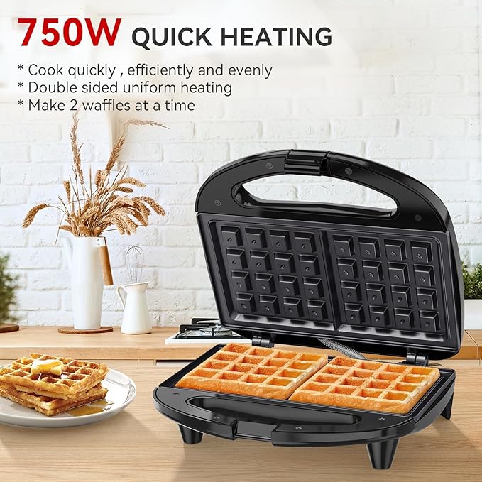 OSTBA Waffle Maker, 2 Slice Non-Stick Waffle Iron, Belgian Waffle Machine with Indicator Lights, PFOA Free, Perfect for Breakfast and Snacks, 750W