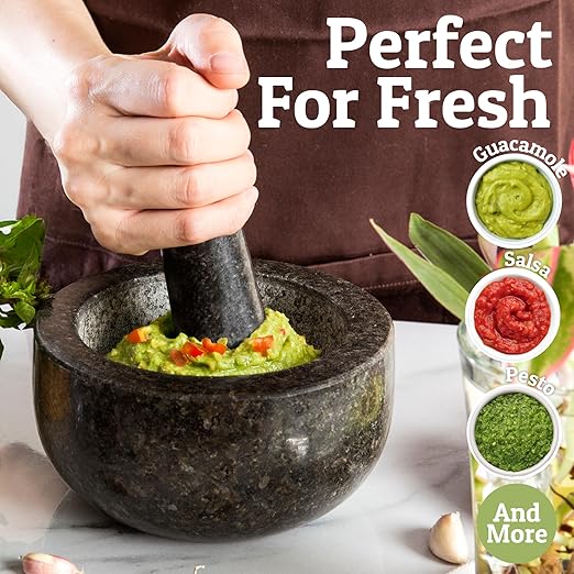 Priority Chef Heavy Duty Mortar and Pestle Set, 1.5 Cup, 100% Granite, Non Slip Base, Make Fresh Guacamole, Salsa, Pesto, Stone Grinder Bowl, Herb Crusher, Spice Grinder, 5.5 Inch - Black
