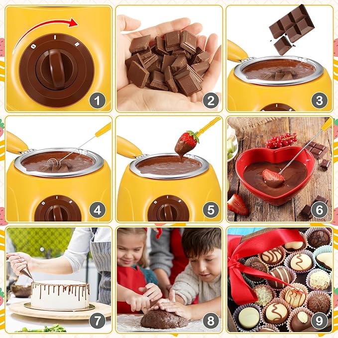 Umigy Electric Melting Chocolate Pot Gift Set Mini Fondue Fountain Pot Kit Chocolate Melting with DIY Mold and Accessories for Candy Christmas Milk Cheese Candy Home(Yellow)