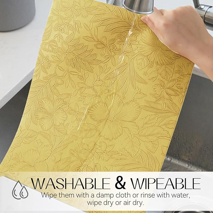 Romanstile Vinyl Placemats Set of 4-12 X 18 Inch - Heat Resistant Non-Slip Embossed Floral Place Mats 100% Waterproof Oilproof Wipeable Faux Leather Table Mats for Kitchen/Dining/Party, Yellow